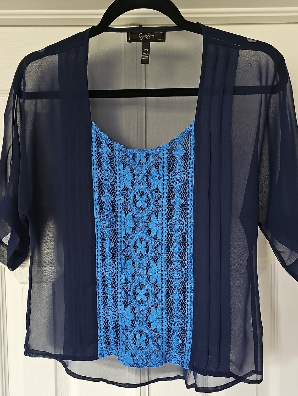 Jessica Simpson Navy Sheer Open-Front Top with Royal Blue Lace Panel